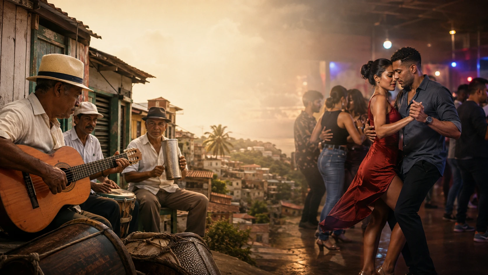 Músicos tradicionales tocando guitarra y güira junto a una pareja bailando bachata sensual al atardecer